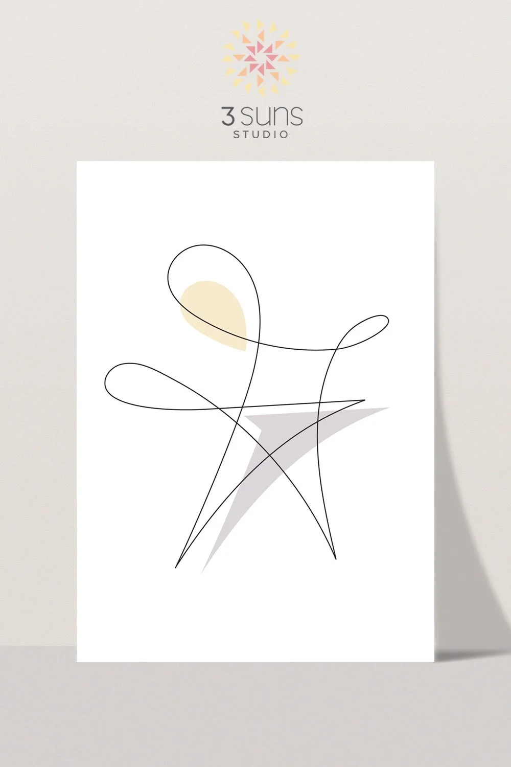 Inspired by Mid-Century Modern vintage atomic dinnerware, this artwork features a looping atomic starburst line overlaid with a soft gray square and a pale aqua teardrop.