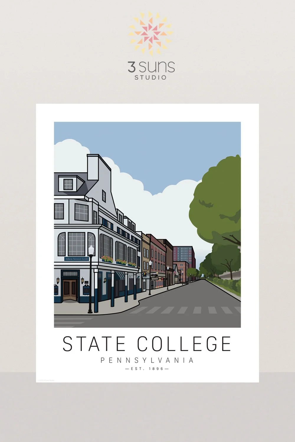 Clean and Modern Art print depicting State College Pennsylvania just outside the Penn State campus.