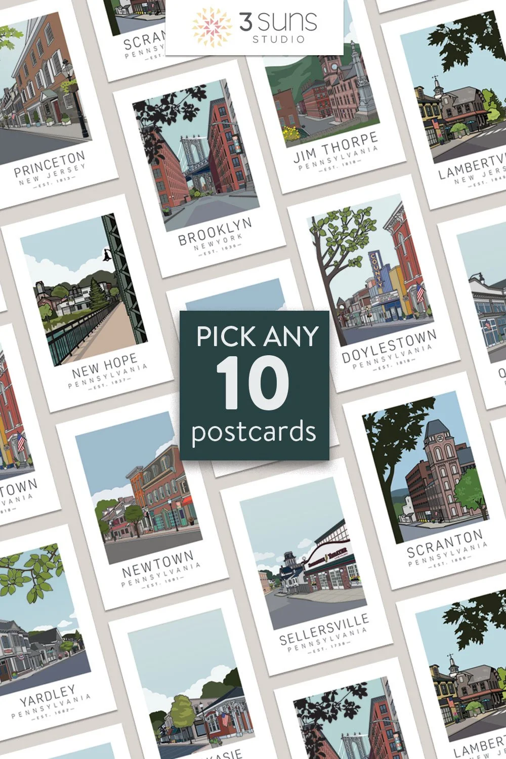 Postcards now available for all of 3 Suns Studio Town prints and Skylines. The original art blends Art Deco elegance with Frank Lloyd Wright–inspired geometry and color blocking.