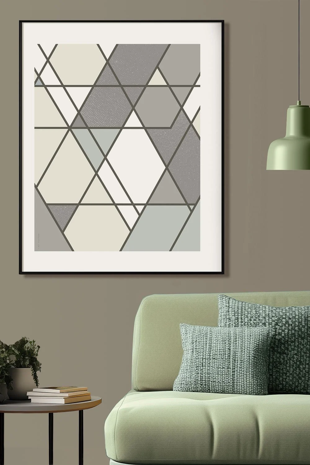 A modern geometric art print by 3 Suns Studio featuring intersecting triangles and diamonds in warm beiges, grays and cream.