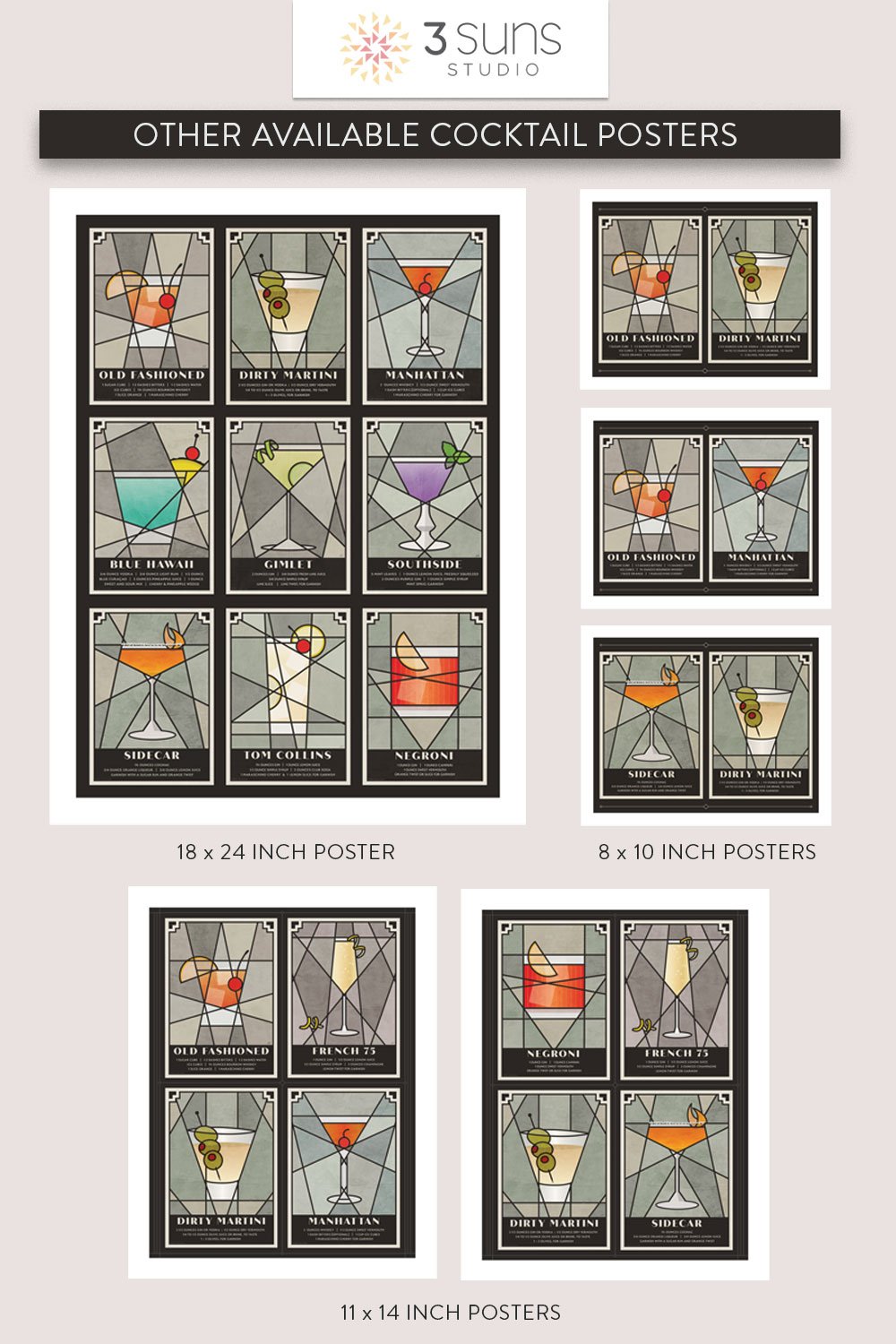 Image showing different sized Cocktail posters, 18 x 24 inch, 11 x 14 inch, 8 x 10 inch (Copy) (Copy)