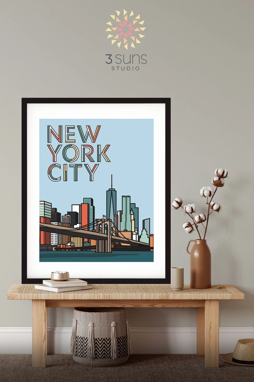 This Modern NYC City Skyline Art Print features a view of lower Manhattan from Brooklyn Bridge Park in a playful, graphic style.
