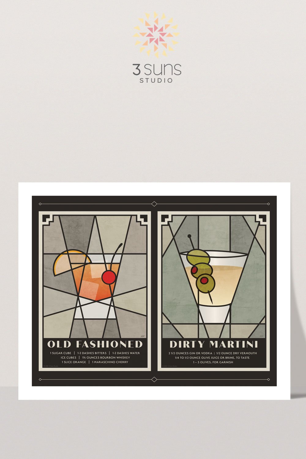 Art Deco inspired 10 x 8 inch Cocktail Print depicting Old Fashioned and Dirty Martini Cocktails.