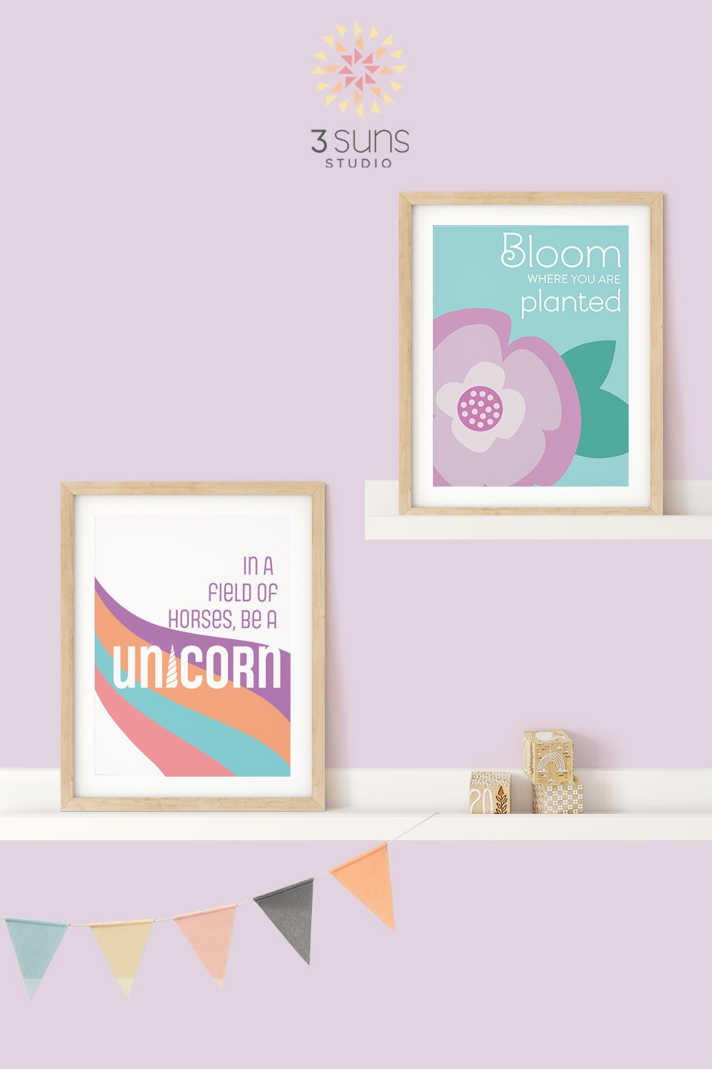 Clean and modern art prints depicting the phrases “In a field of horses, be a unicorn” and "Bloom where you are planted"..