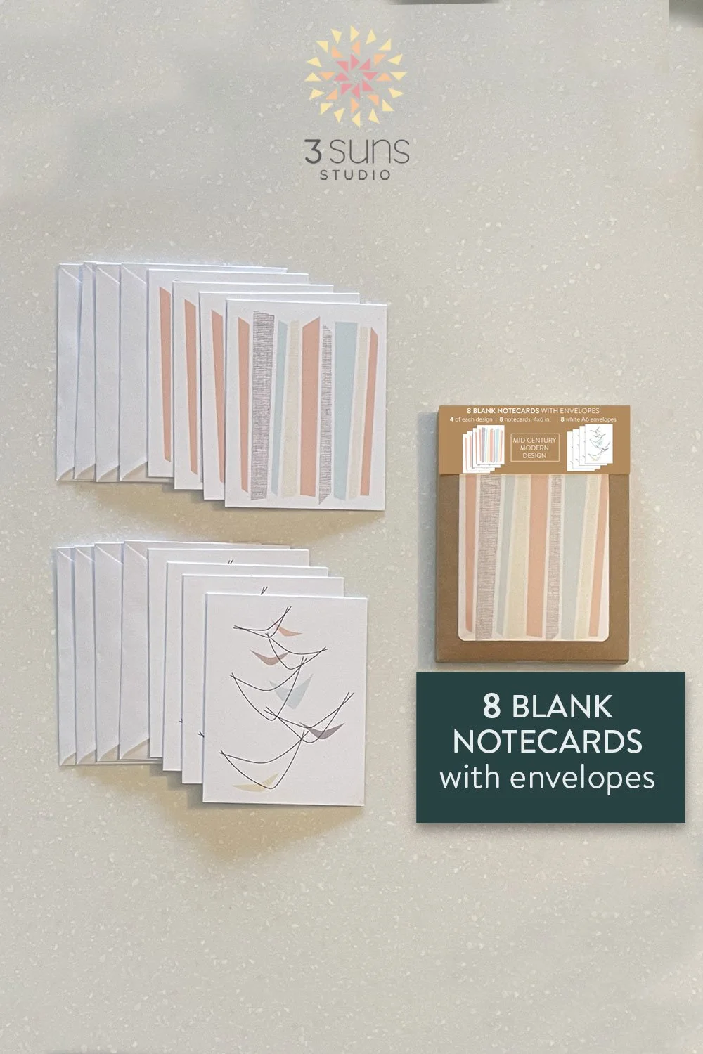 Set of 8 blank notecards, featuring 2 mid-century modern inspired designs. Includes 8 white envelopes and packaged in a brown Kraft box with a window.