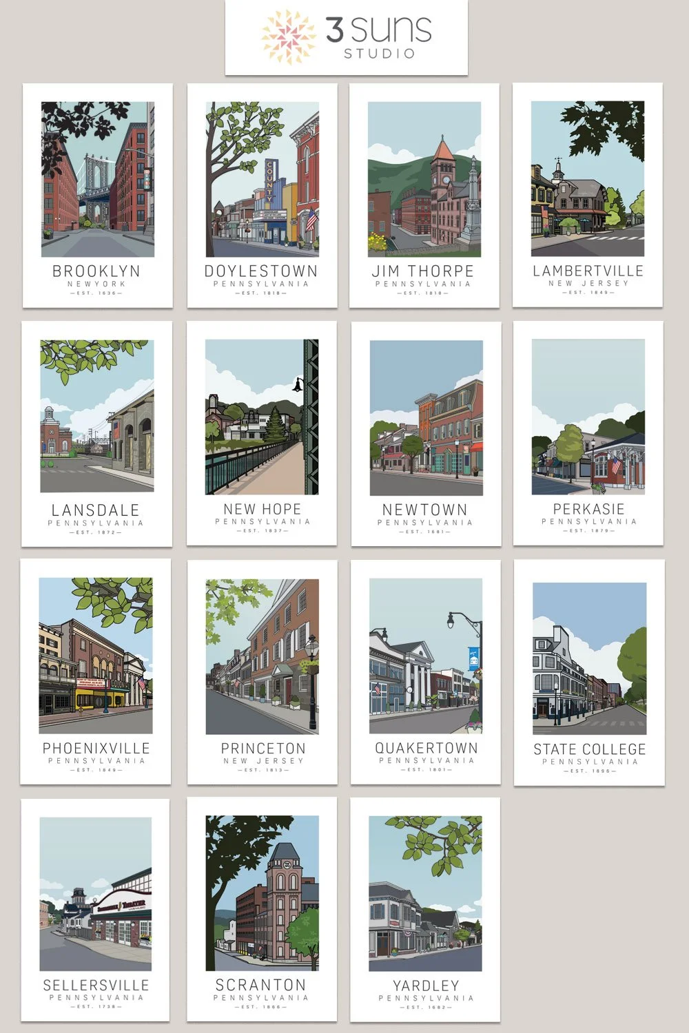 All town illustrations and postcards available by 3 Suns Studio,
