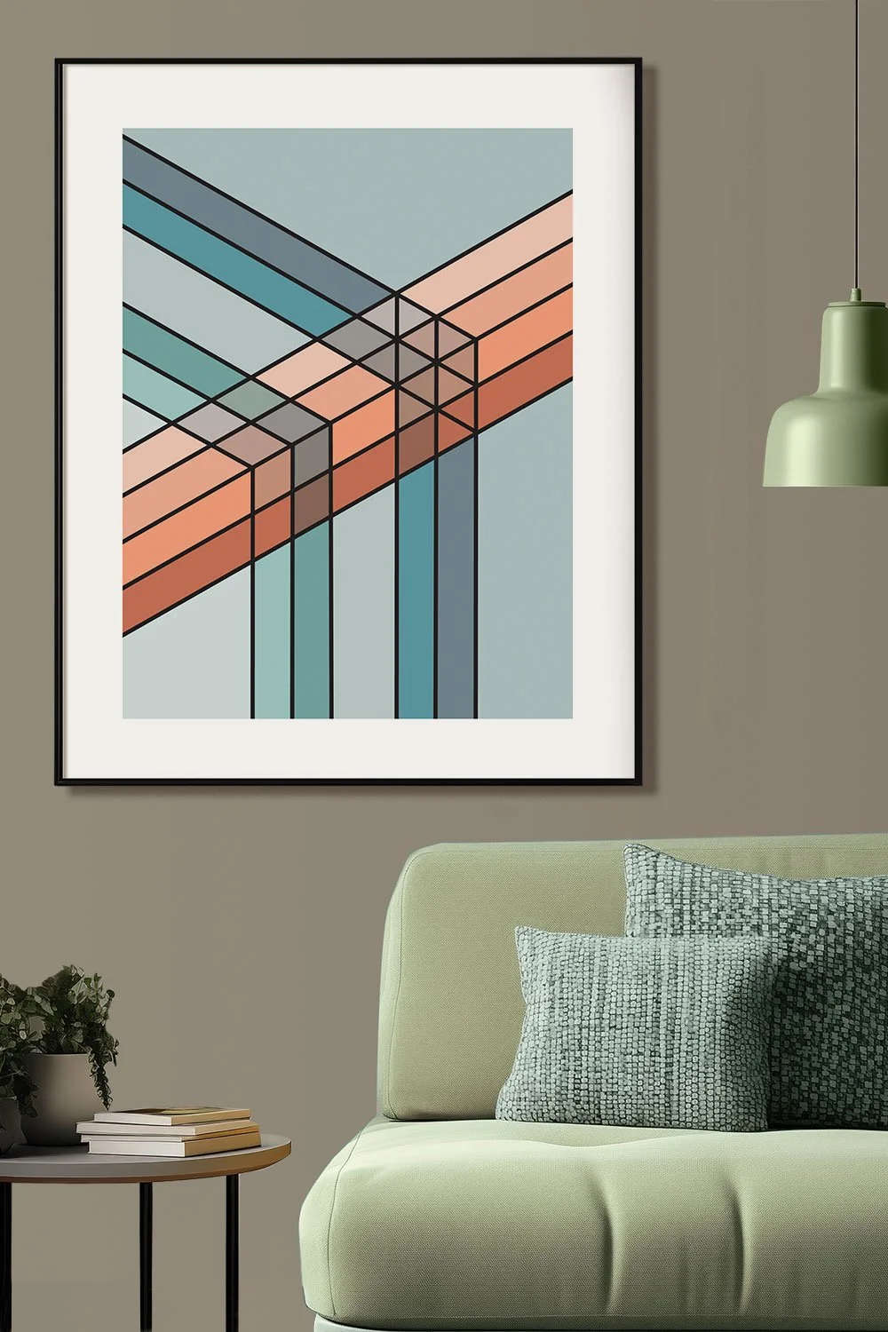 This Abstract Geometric Wall Art features clean, intersecting lines and chevrons. The color palette is a blend of muted teals, blues, and warm coral tones.