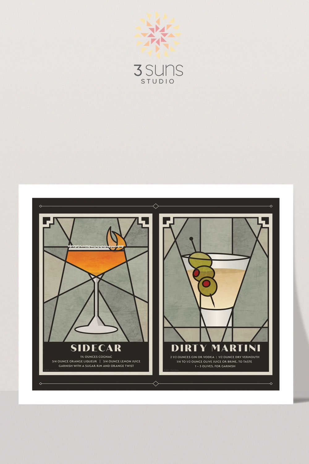 Art Deco inspired 10 x 8 inch Cocktail Print depicting Sidecar and Dirty Martini Cocktails.