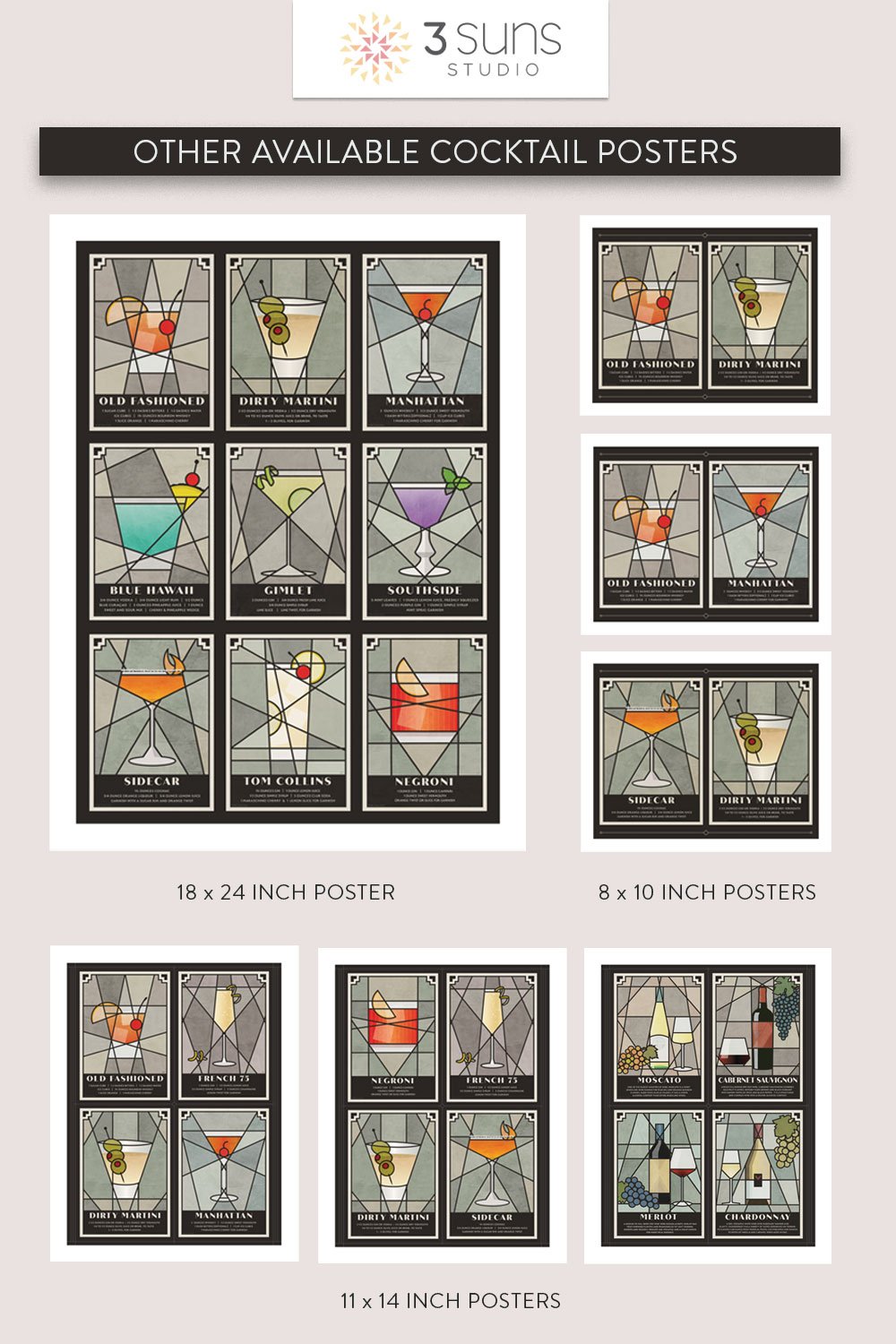 Image showing different sized Cocktail posters, 18 x 24 inch, 11 x 14 inch, 8 x 10 inch