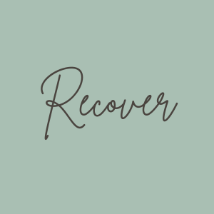The word 'Recovery' written in cursive on a light mint green background for the recover iv infusion and vitamin shot line at The Irenic Place in Aledo, Texas