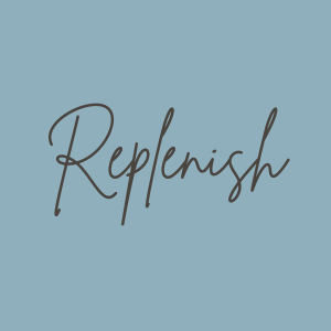 The word 'Replenish' written in cursive font on a light blue background for the replenish iv infusion and vitamin shot line at The Irenic Place in Aledo, Texas