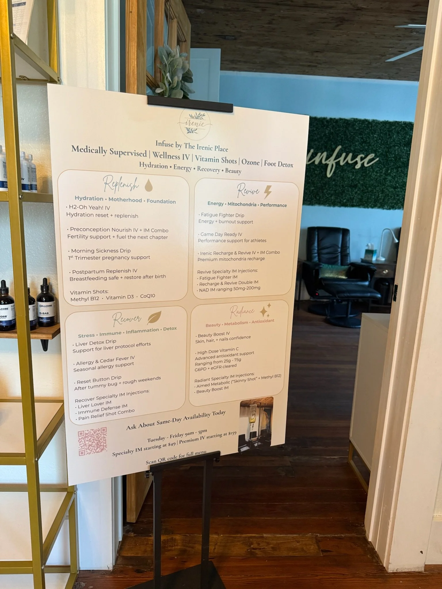 Sign in the front entryway of The Irenic Place Infuse Room in Aledo, Texas explaining all of their vitamin IV, injection, ozone insufflation services