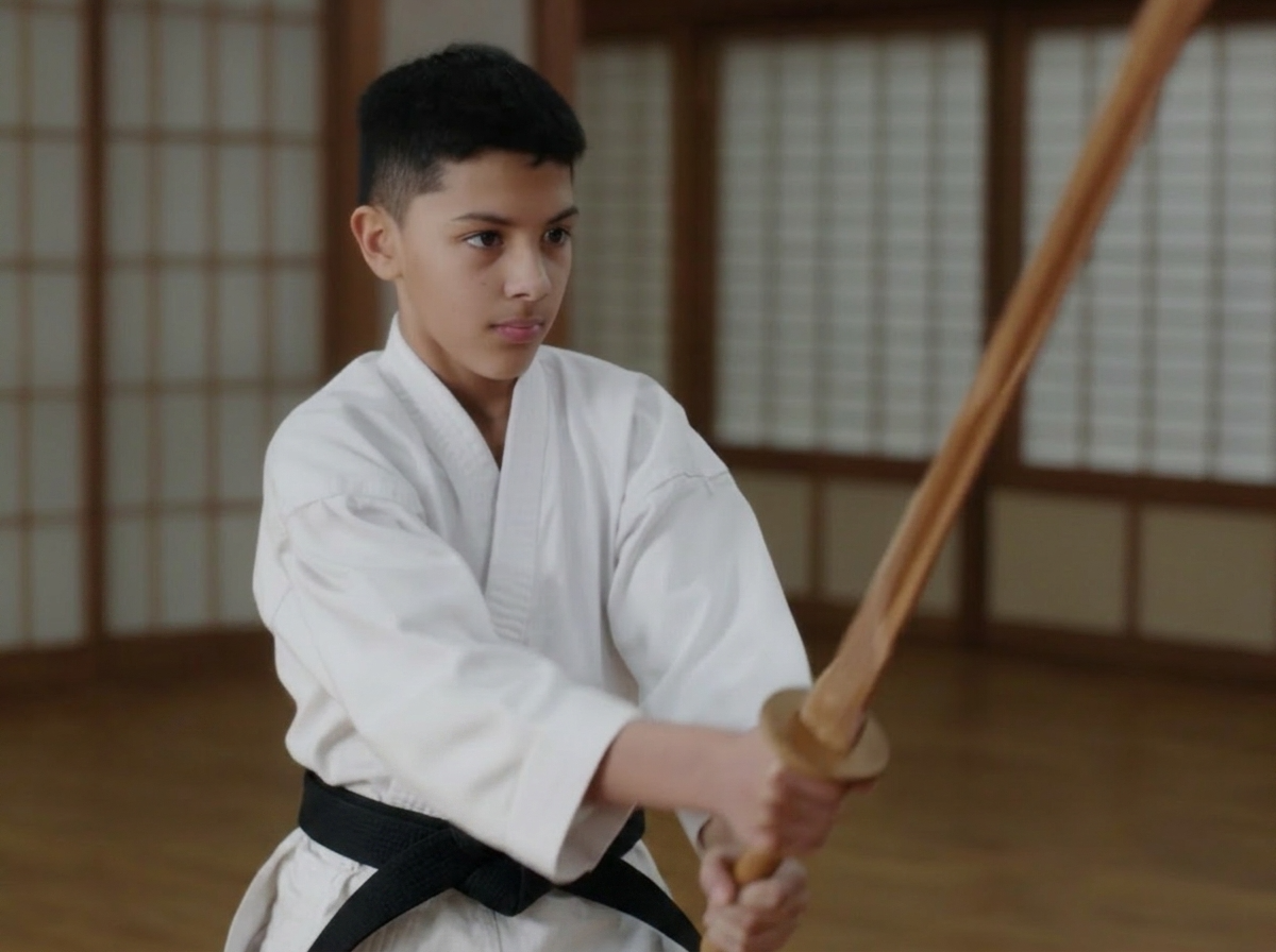 young teen training with wooden sword