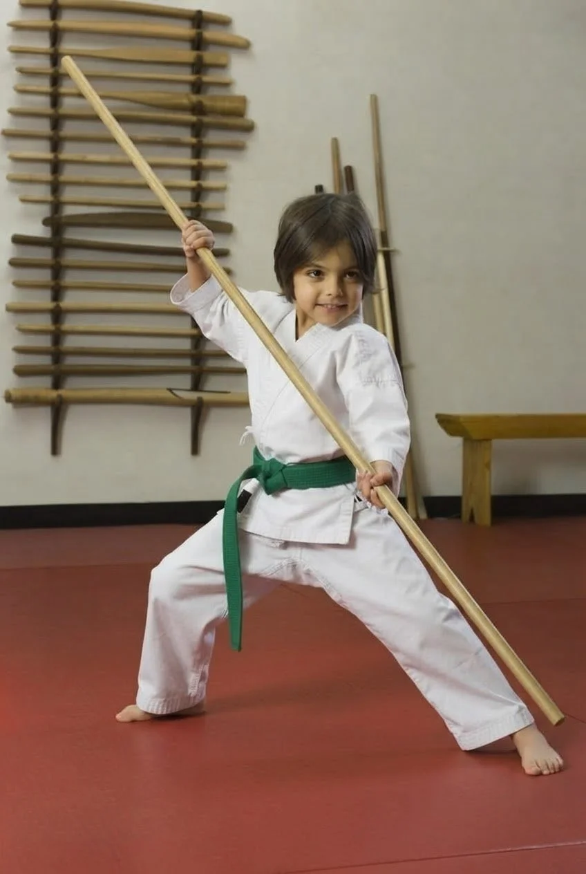 confident child staff weapon martial arts