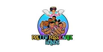 Illustration of a children’s charity logo with children holding hands, a girl with angel wings, and colorful text that reads 'Pretty Passionate Hands'