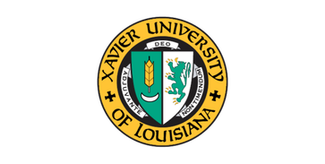 Xavier University of Louisiana logo with a shield featuring a torch, a book, and a lion, surrounded by a circular yellow band with the university's name.