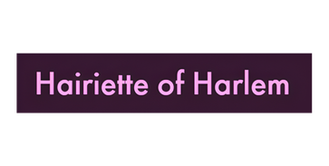 Text on black background reading 'Hairiette of Harlem' in pink and purple font.