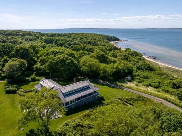 Color aerial photo of a home in West Tisbury, Martha's Vineyard, Lambert's Cove.