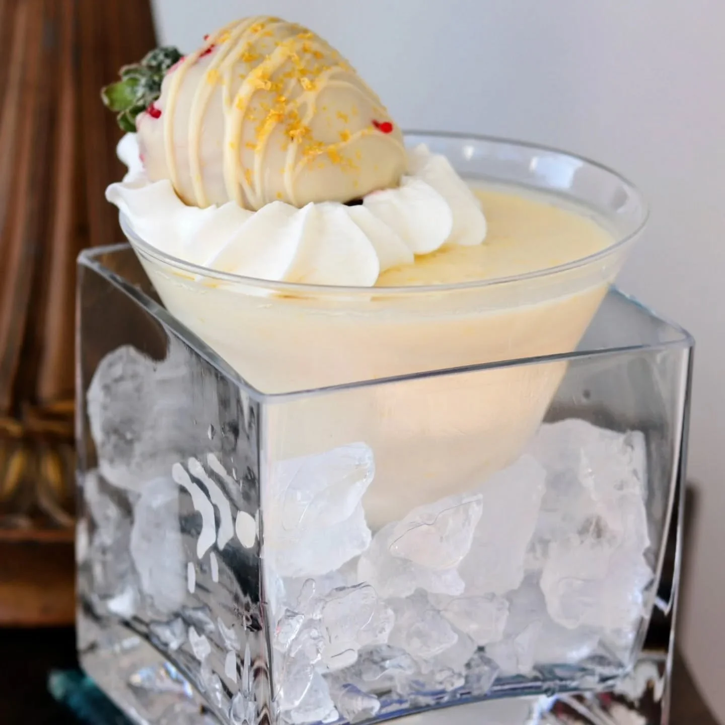 Made Lemon Posset, served on a bed of crushed ice and topped with whipped cream and yuzu chocolate covered strawberry.  A perfect way to end a special meal for my friends.

#homebasedbakery #torontoeats #bakedgoods #torontodesserts #pastrylife