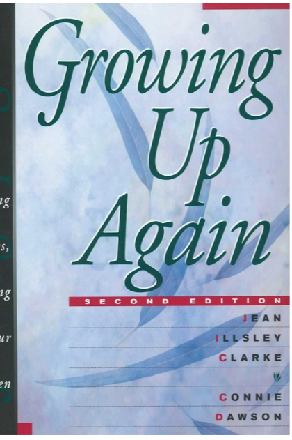 Book cover titled “Growing Up Again,” second edition, by Jean Illsley Clarke, Connie Dawson, and David Bredehoft.