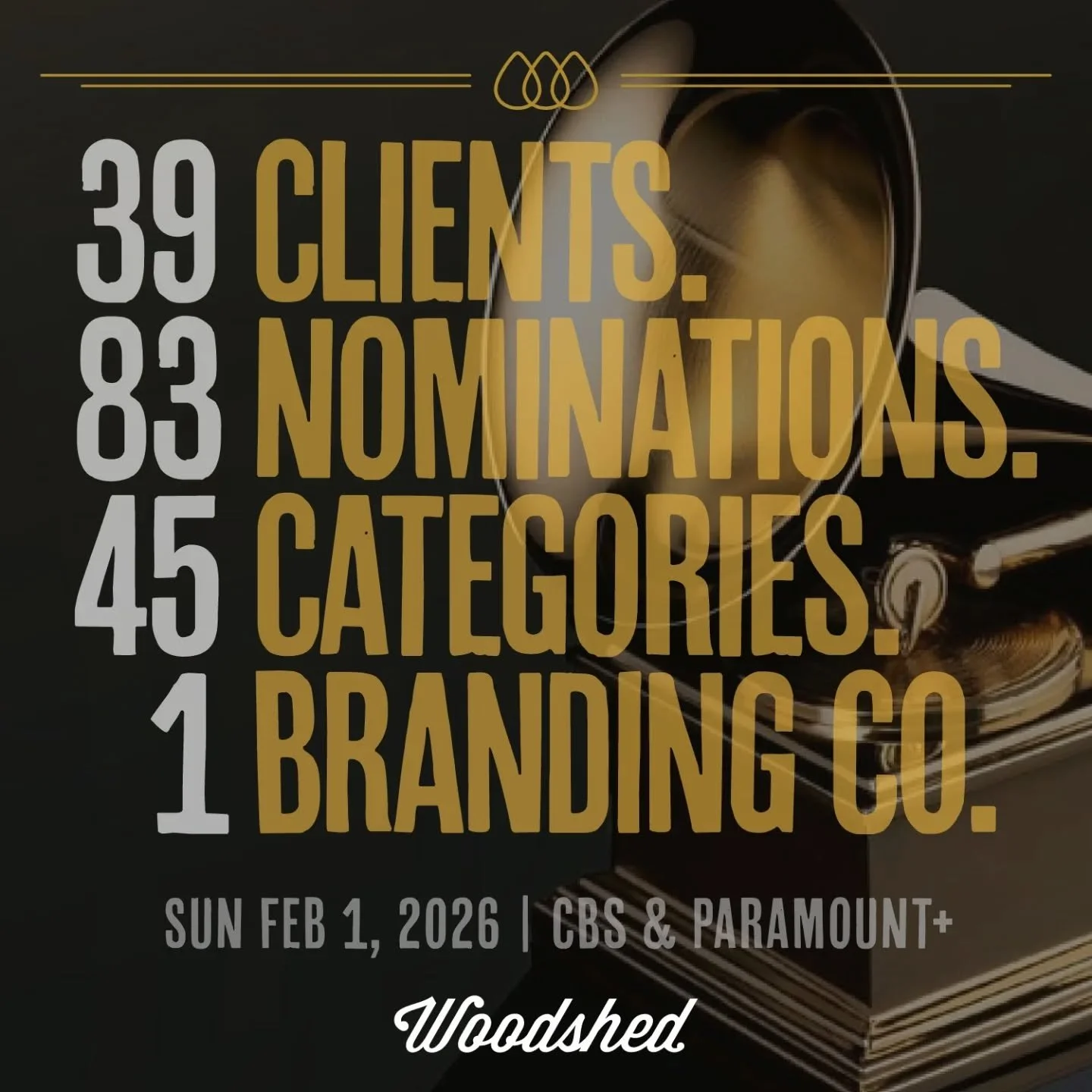 The #GRAMMYS by the numbers:

This year alone, 39 artists earned a staggering 83 nominations across 45 categories. 

What do they all have in common? 

1 branding company.

We couldn't be prouder of the artists and their teams.

The Recording Academy