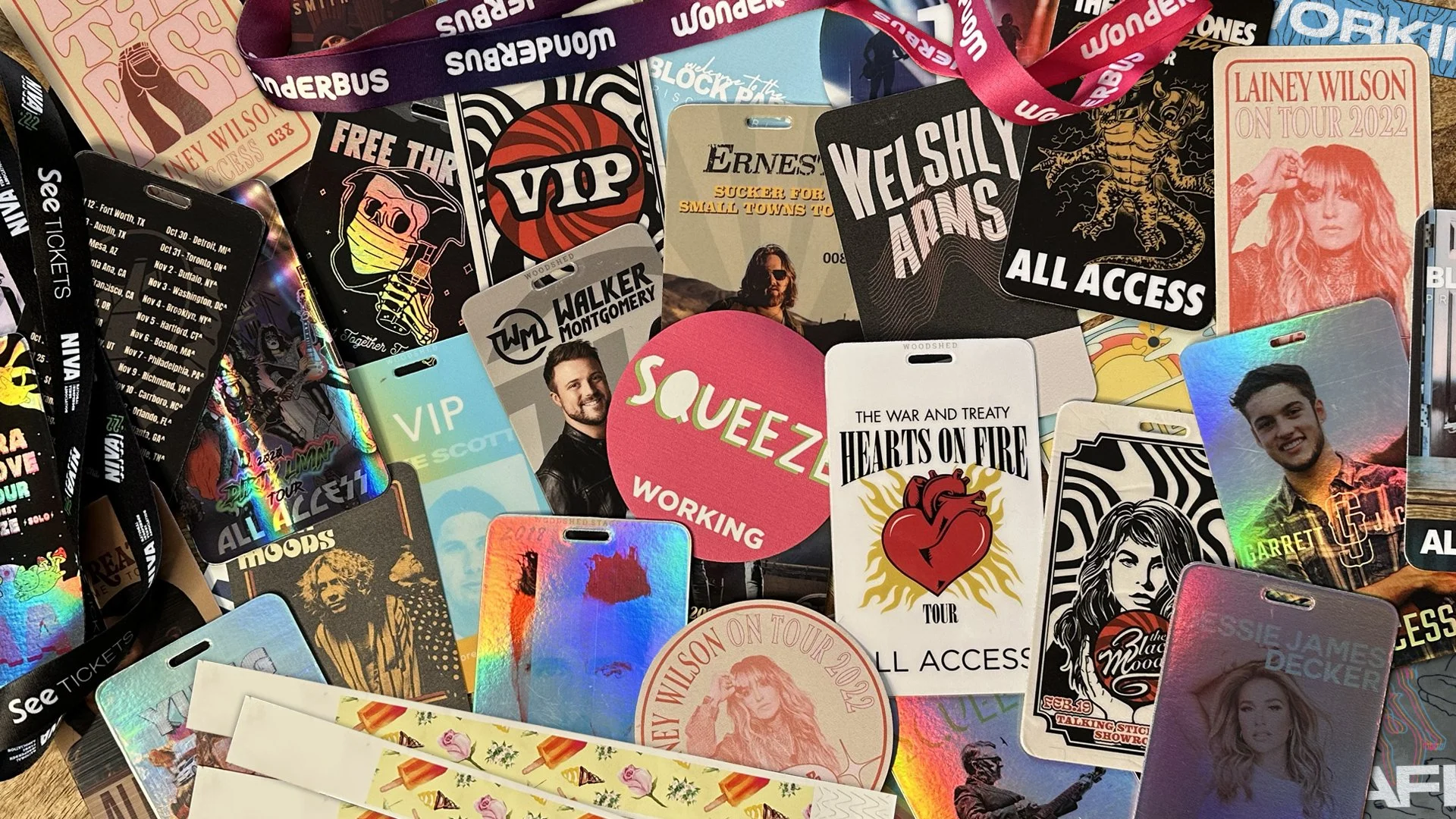 All-Access Tour Laminates, Satin Sticky Passes, and VIP Wristbands for Tour // Woodshed Stage Art