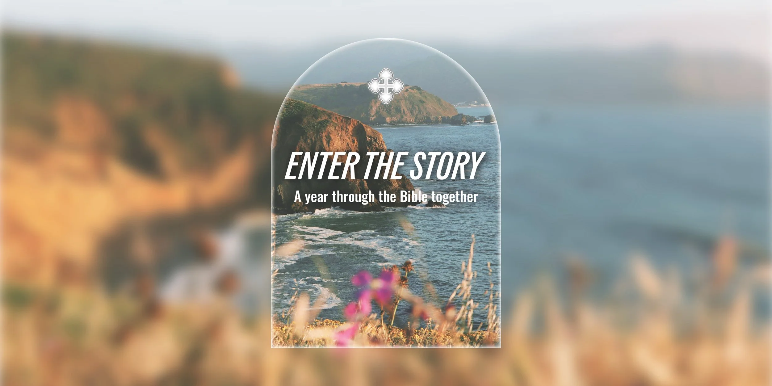 Text overlay on an ocean view with cliffs and flowers in the foreground reads "Enter the Story: A year through the Bible together."