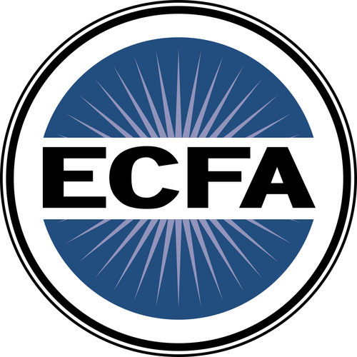 Logo for ECFA featuring a circular design with a blue and white color scheme and radial lines, with the acronym 'ECFA' in bold black letters across the center.