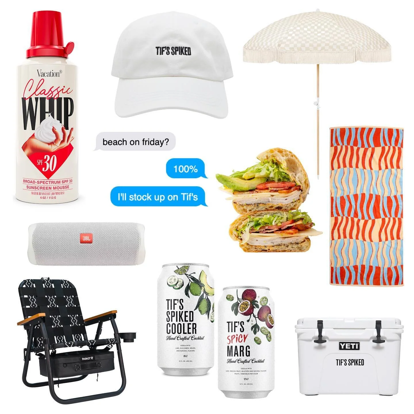 Tif&rsquo;s Beach #starterpack: sun, sand, and a canned cocktail in hand. 🏖️🍹 
...plus a few other essentials from brands we love. 😎 
What beach are you dreaming of right now? 