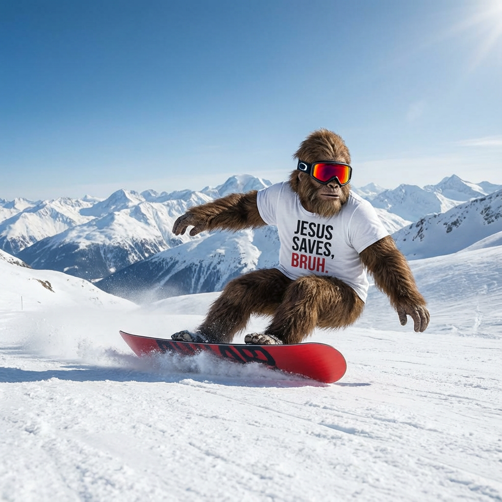 Firefly_Gemini Flash_Create a photograph of Bigfoot snowboarding, wearing a white t-shirt that reads, -JES 656621.png