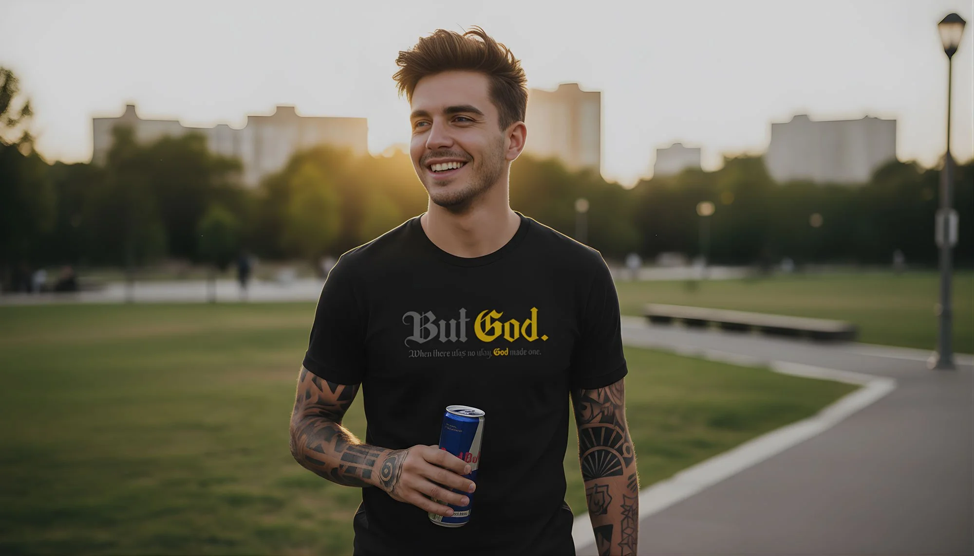 A smiling young man with tattoos on his arms, wearing a black T-shirt that says 'But God' in large letters, standing outdoors in a park during sunset, holding a Red Bull energy drink.