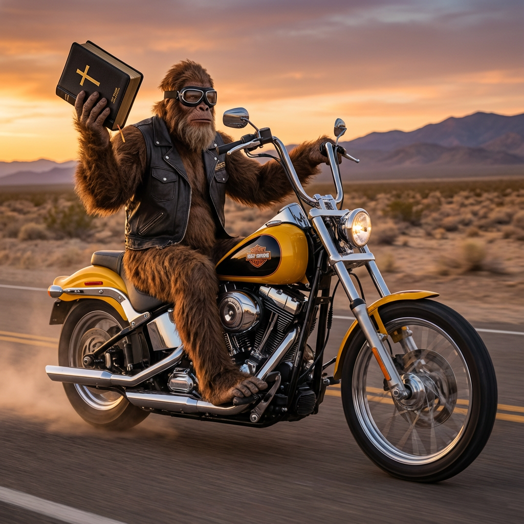 Firefly_Gemini-Flash_Please-create-a-photo-of-Bigfoot-riding-his-Harley-with-a-bible-in-his-hand.-461741.png