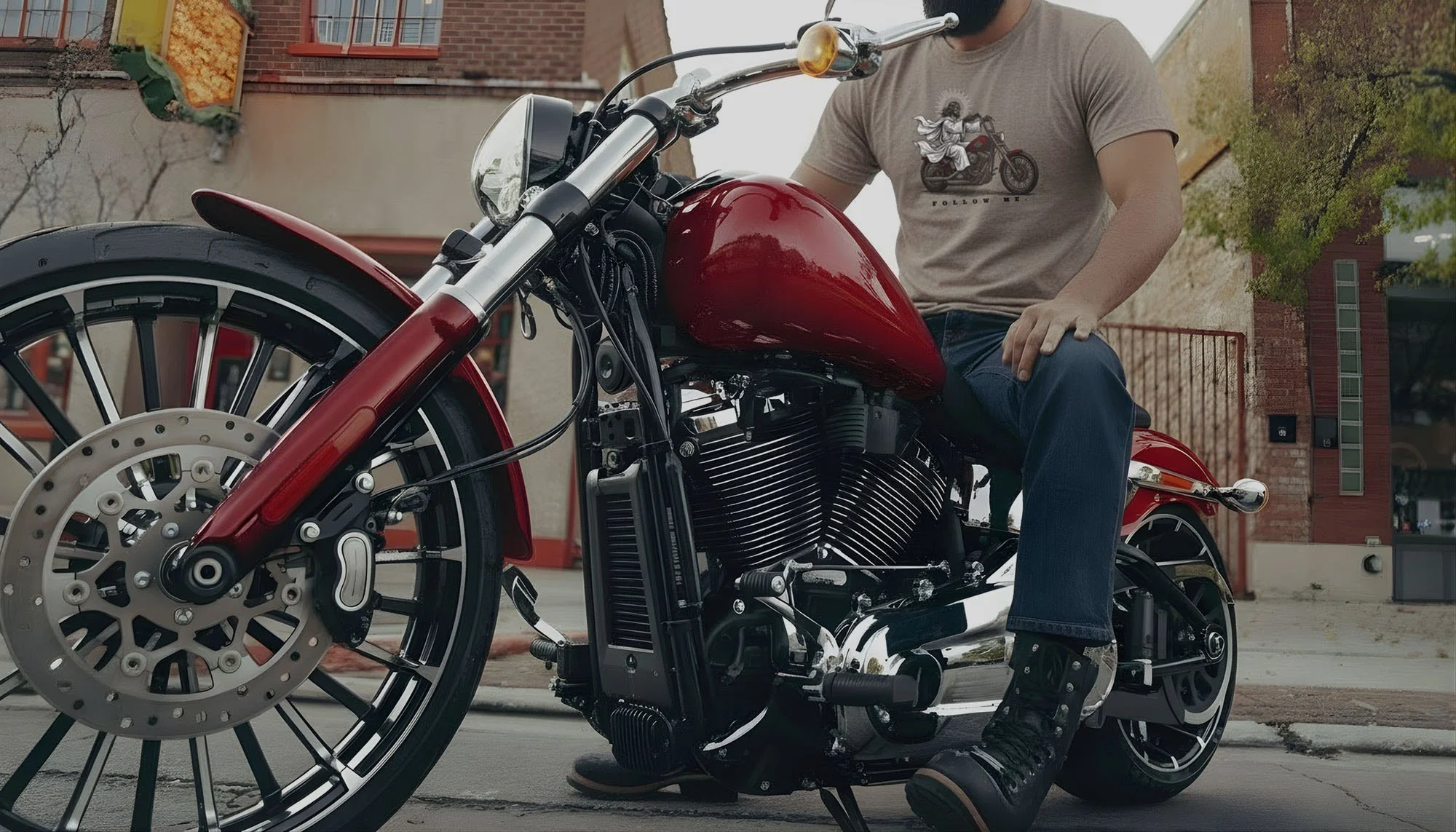 Person sitting on a red motorcycle on a city street with brick buildings in the background.