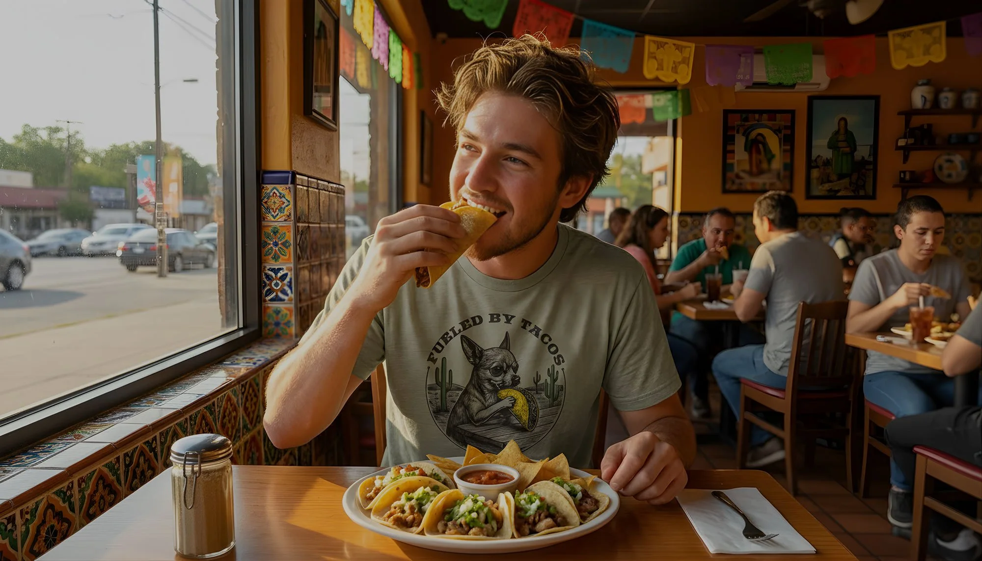 Young man eating tacos at a restaurant with colorful decorations on the ceiling and a plate of tacos, salsa, and chips in front of him.