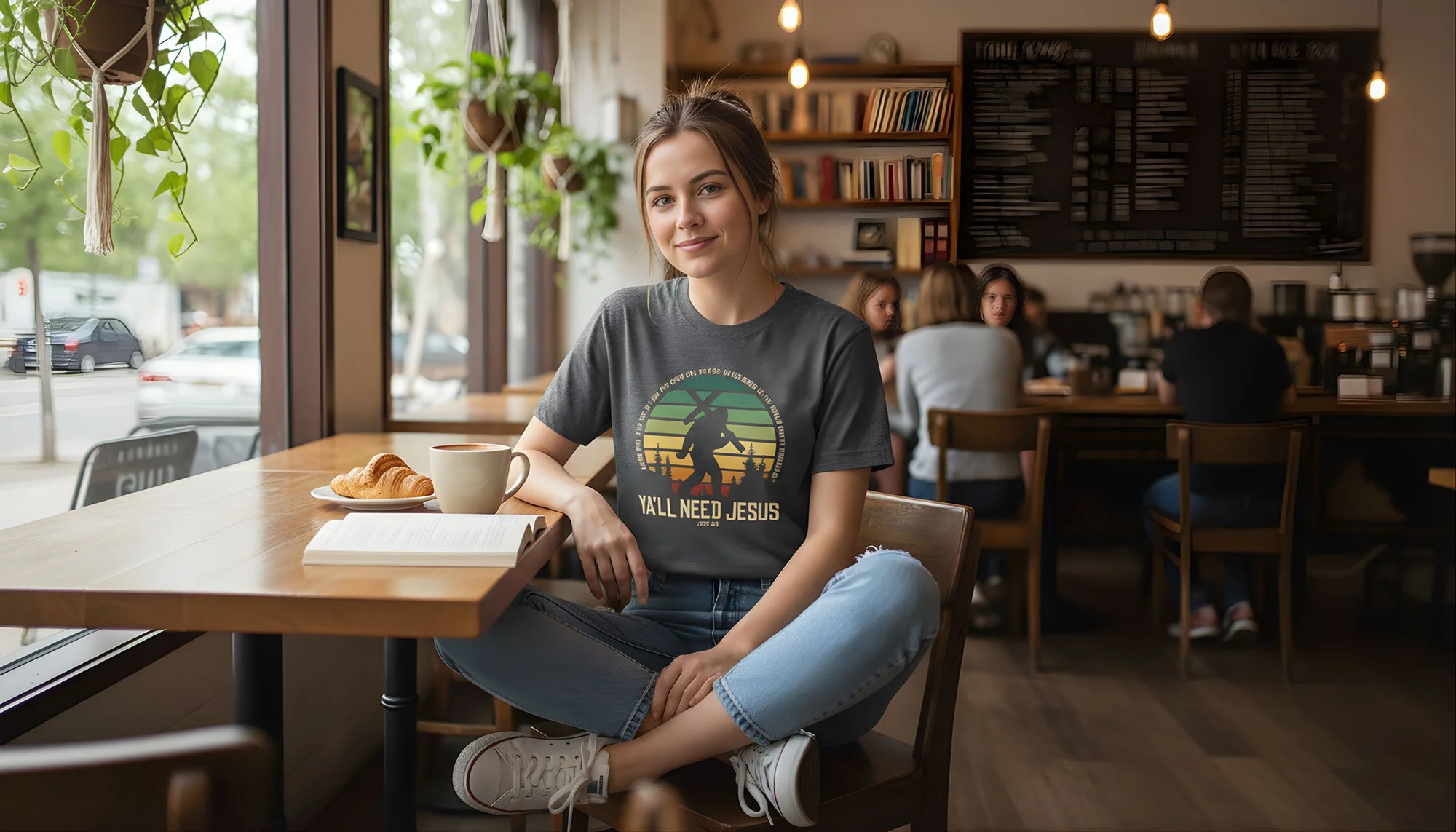 A young woman sitting in a cafe near a window with a book, coffee, and croissant on the table, smiling at the camera.