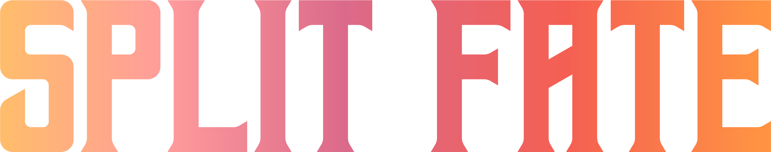 The word 'SPLIT FATE written in large block letters with a gradient color scheme from yellow-orange to pink and orange.