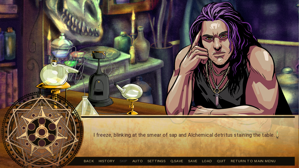 A woman with purple hair and wearing necklaces sits at a cluttered laboratory table with various scientific equipment, including flasks and devices, against a dark, mystical background with a large skull. The scene appears to be part of a visual novel or game with game interface options at the bottom.