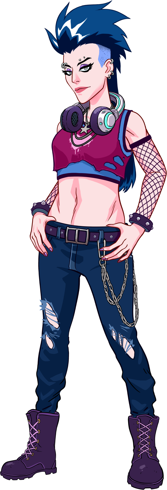 Digital illustration of a young woman with spiky blue and black hair, piercings, tattoos, and a confident expression. She wears a ripped crop top, ripped jeans with chains, combat boots, and large headphones around her neck.