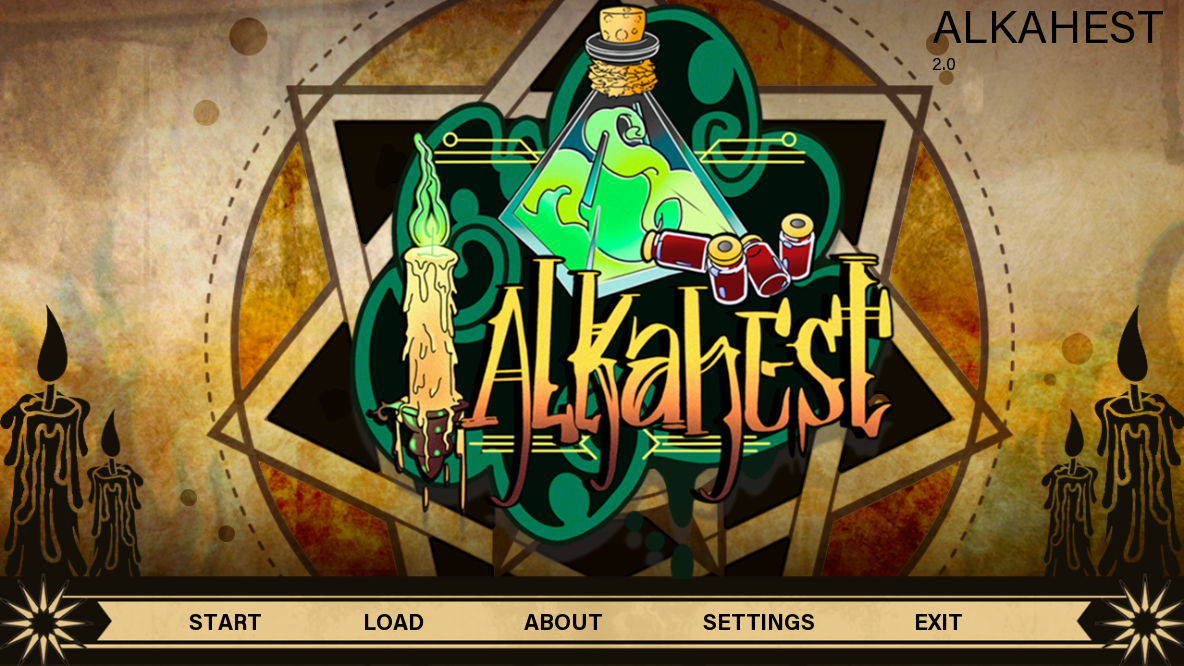 Video game splash screen titled 'Alkahest' with a large green and black icon, a glowing wax candle, a test tube with green liquid, and a vials of red pills, featuring a dark background with candles.