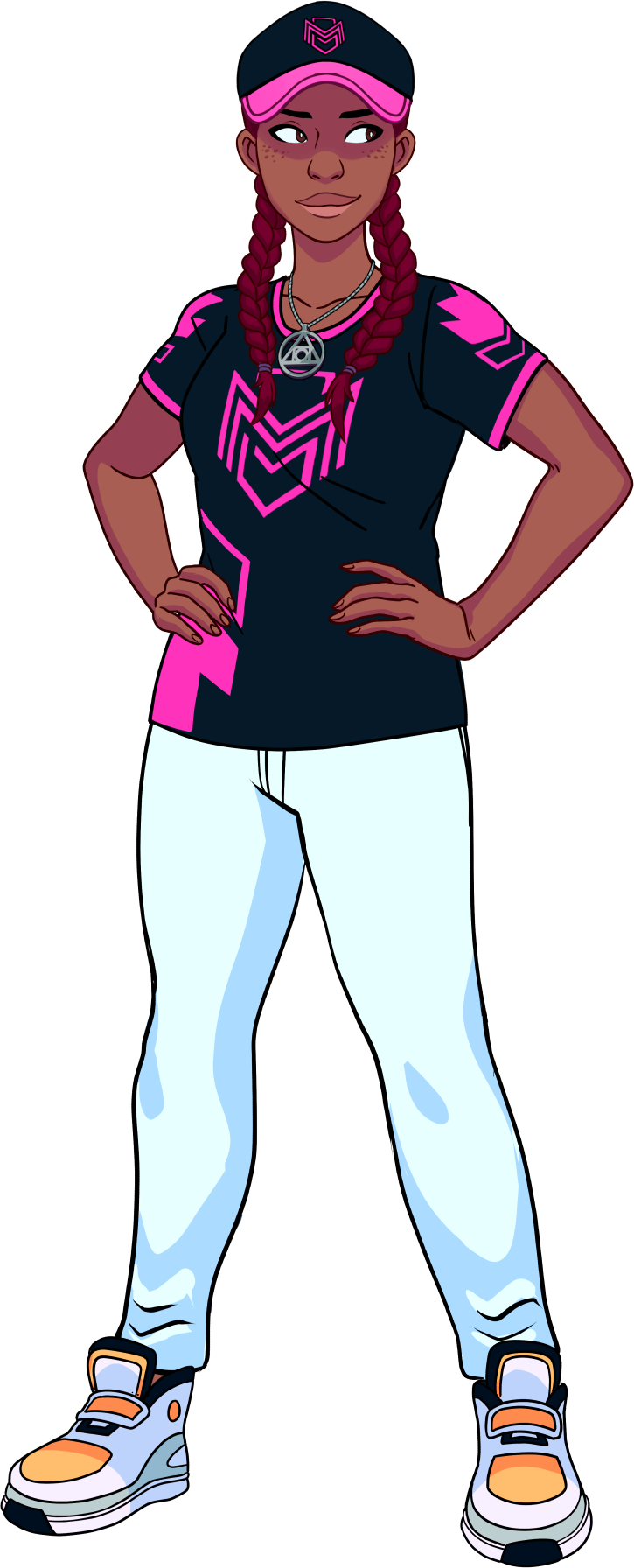 A young woman in a black and pink sports outfit with white pants, sneakers, and a cap, stands confidently with hands on hips.