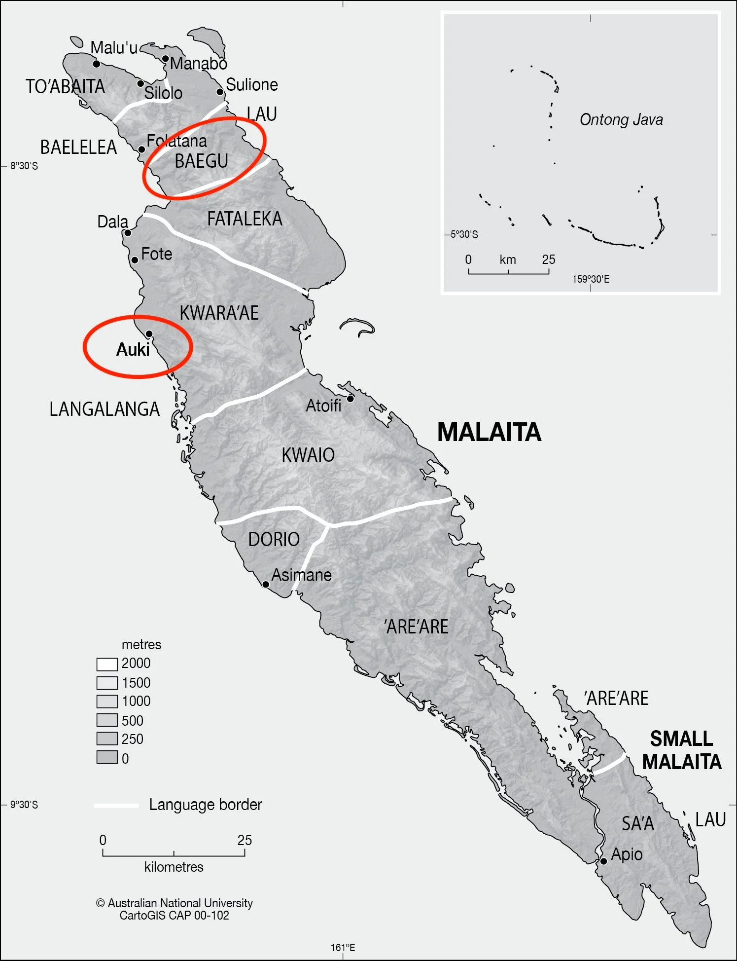Map of Malaita, Solomon Islands with Auki and Baegu region highlighted.