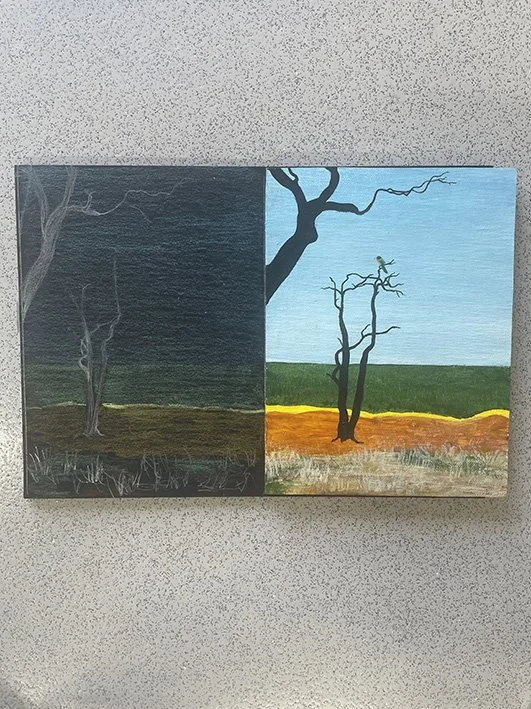 Roadside Canola field, bird in tree drawing painting stuy
