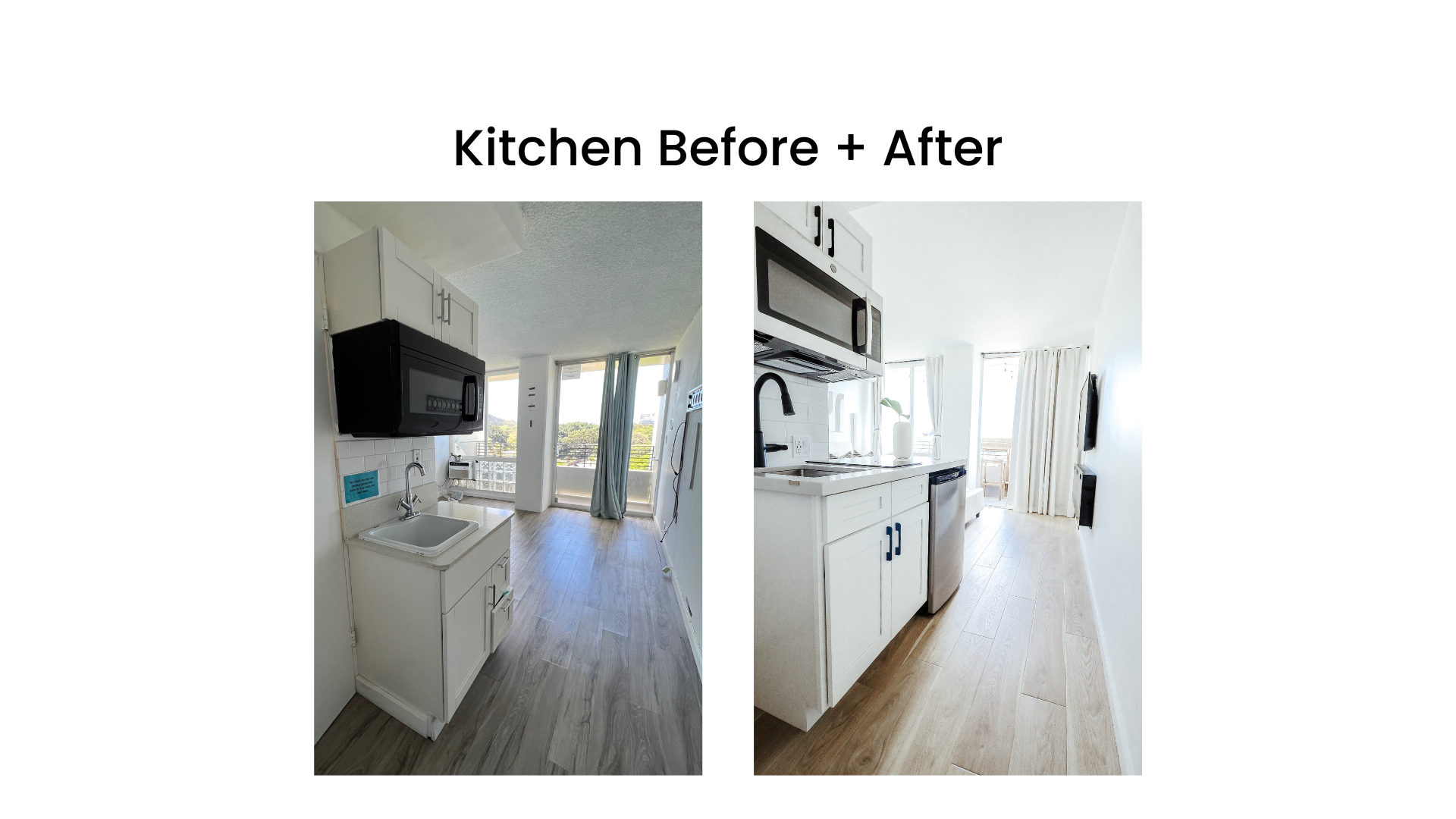 Side-by-side comparison of a kitchen before and after renovation, featuring a small sink, microwave, cabinetry, and improved lighting.