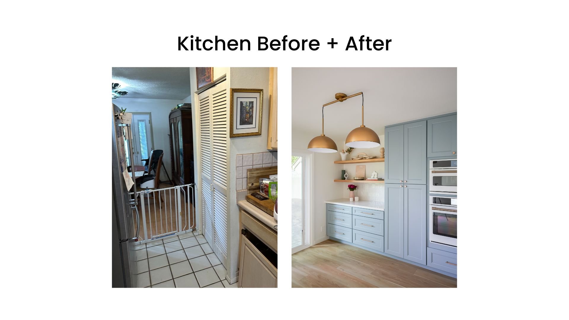 Side-by-side comparison of a kitchen before and after renovation. The "before" image shows a narrow, cluttered kitchen with outdated appliances and white tiled flooring. The "after" image reveals a modern, spacious kitchen with light blue cabinetry, gold fixtures, wooden flooring, and contemporary lighting.