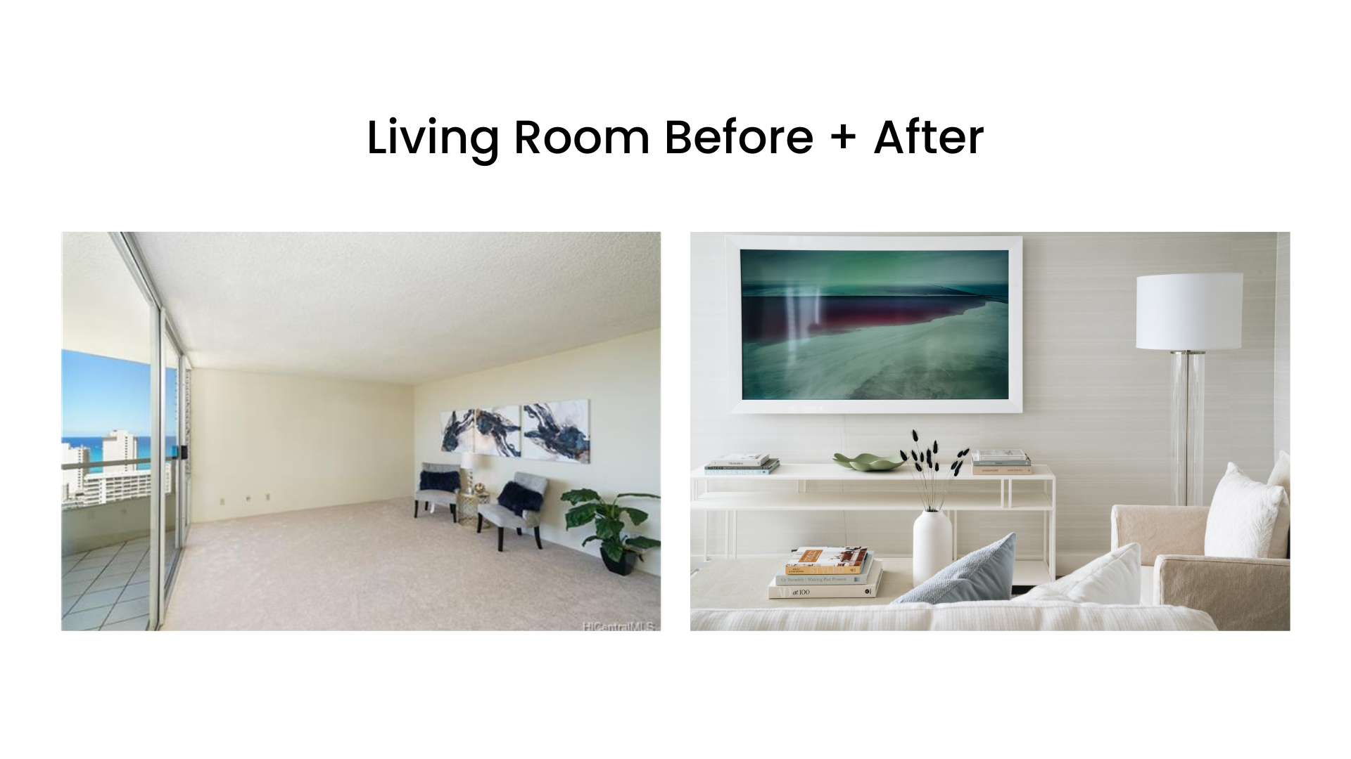 Living room makeover with a comparison of before and after. The "before" side shows an empty room with beige carpet, a single chair, small lamp, and a plant. The "after" side displays a stylishly furnished room with a neutral color scheme, a large artwork, modern table and lamp, decorative books, and cozy seating.
