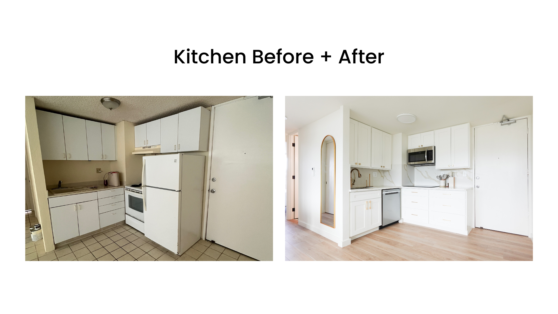 Side-by-side comparison of a kitchen before and after renovation. Left: Outdated kitchen with white cabinets, square tiles, basic appliances. Right: Modern kitchen with updated cabinetry, smooth flooring, stainless steel appliances, and a sleek, minimalist design.