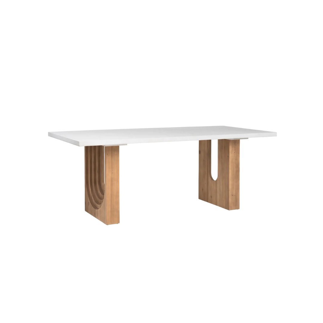 Modern white dining table with wooden U-shaped legs