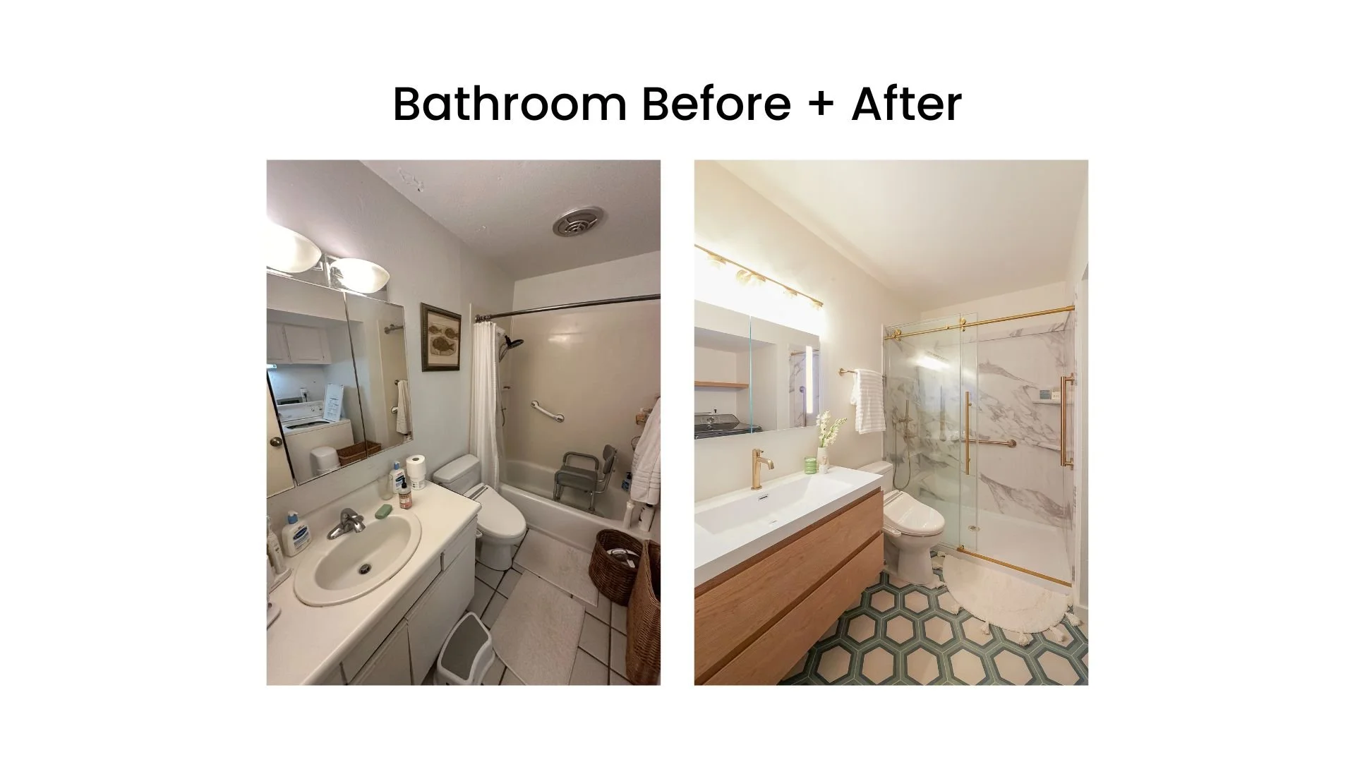 Side-by-side comparison of a bathroom before and after renovation. The left image shows an outdated bathroom with a shower-tub combo, white tiles, and an over-the-sink vanity with a mirror. The right image shows a modern bathroom with a glass-enclosed shower, marble tiles, a wooden vanity with a large mirror, updated lighting, and decorative floor tiles.