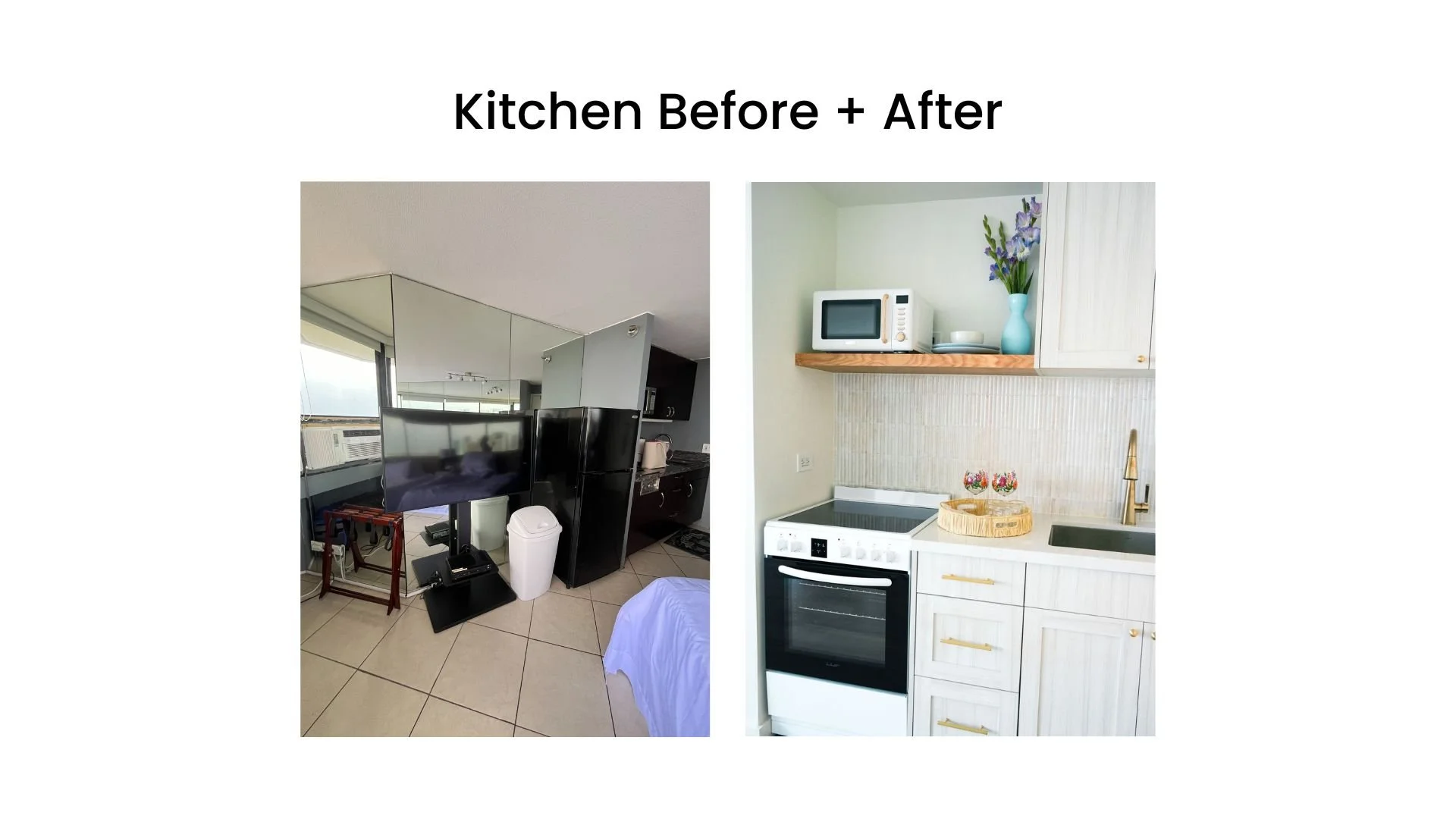 Side-by-side comparison of a kitchen before and after a remodel. The left side shows a cluttered space with dark cabinetry and mirrored surfaces. The right side displays a modern, bright kitchen with white cabinets, a light backsplash, an oven, and decorative items."