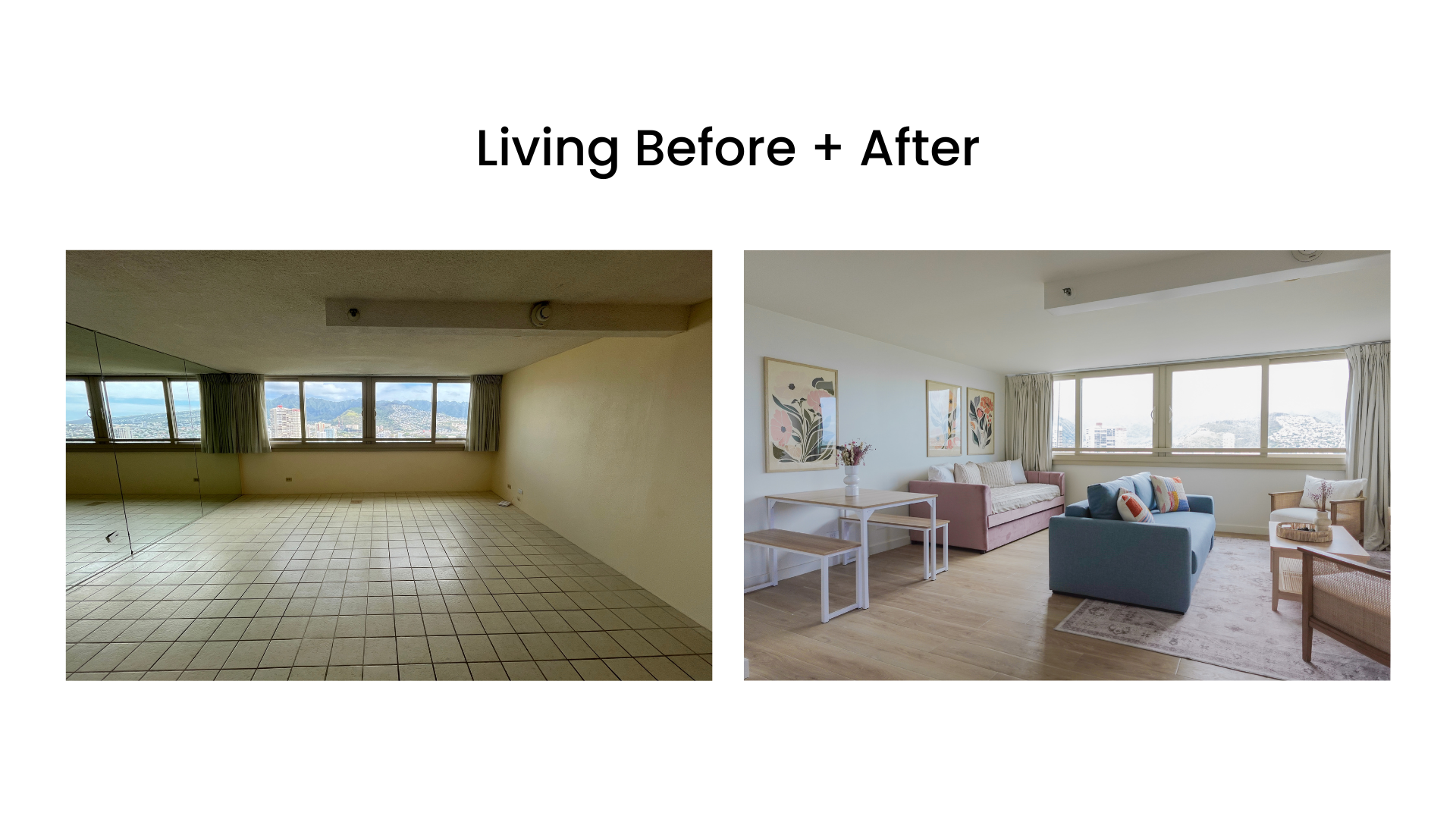 Side-by-side comparison of a living room before and after renovation. The left image shows an empty room with tiled flooring, neutral walls, and a large window with curtains. The right image shows the same room after renovation, featuring a wooden floor, a blue sofa, a pink couch, framed wall art, and a small table with a vase, all under the same window with a similar curtain.